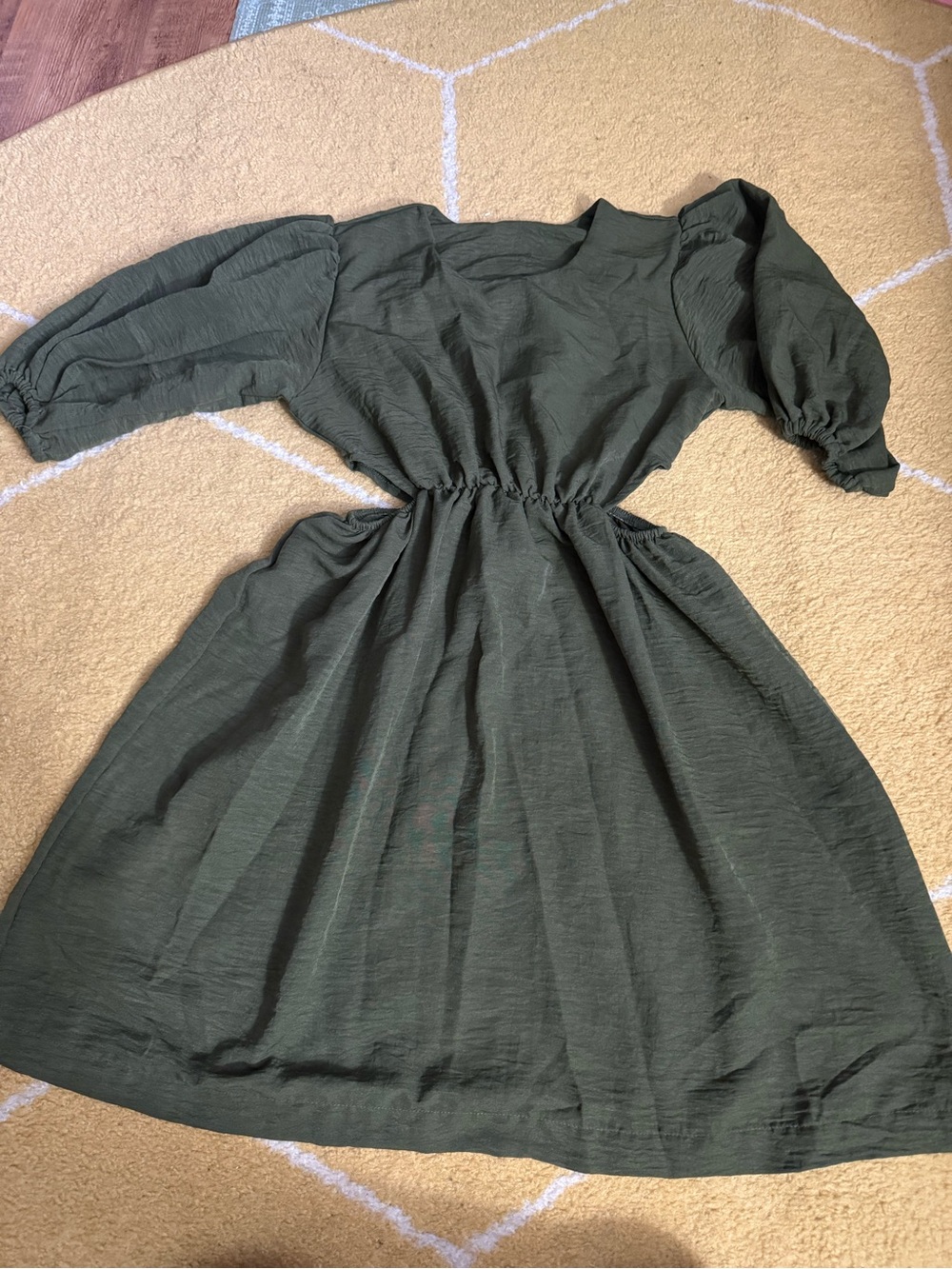 Olive Puff-Sleeve Midi Dress - Women Dresses